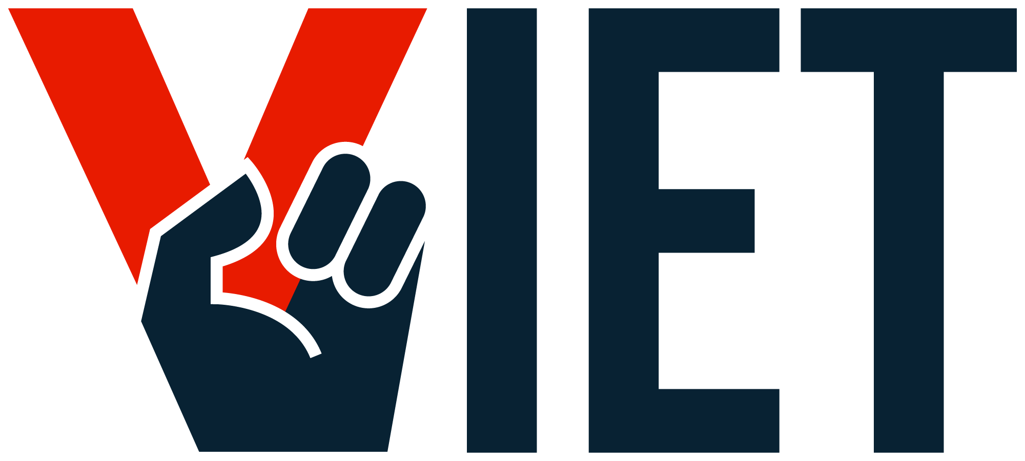 The 'Vote Viet' logo. It spells out his name: V I E T. The V is styled as a hand holding up the peace sign.